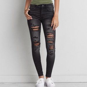 American Eagle High Rise Jegging Skinny Distressed Destroyed Jeans Black Wash 6
